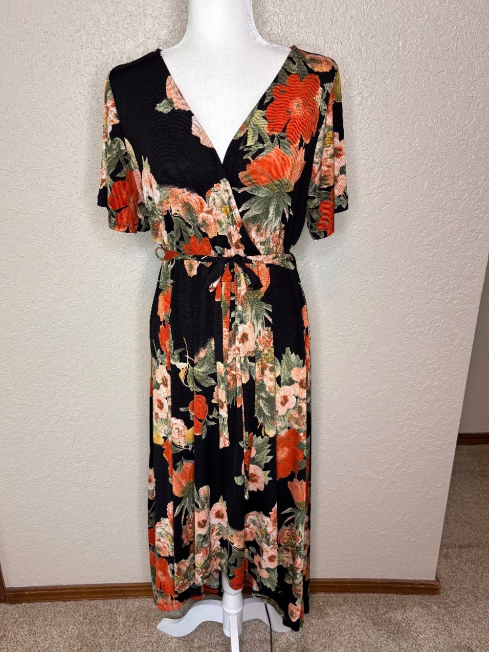 Tua Black Orange Green Floral Faux-Wrap High-Lo Maxi Dress Women's Size M/L